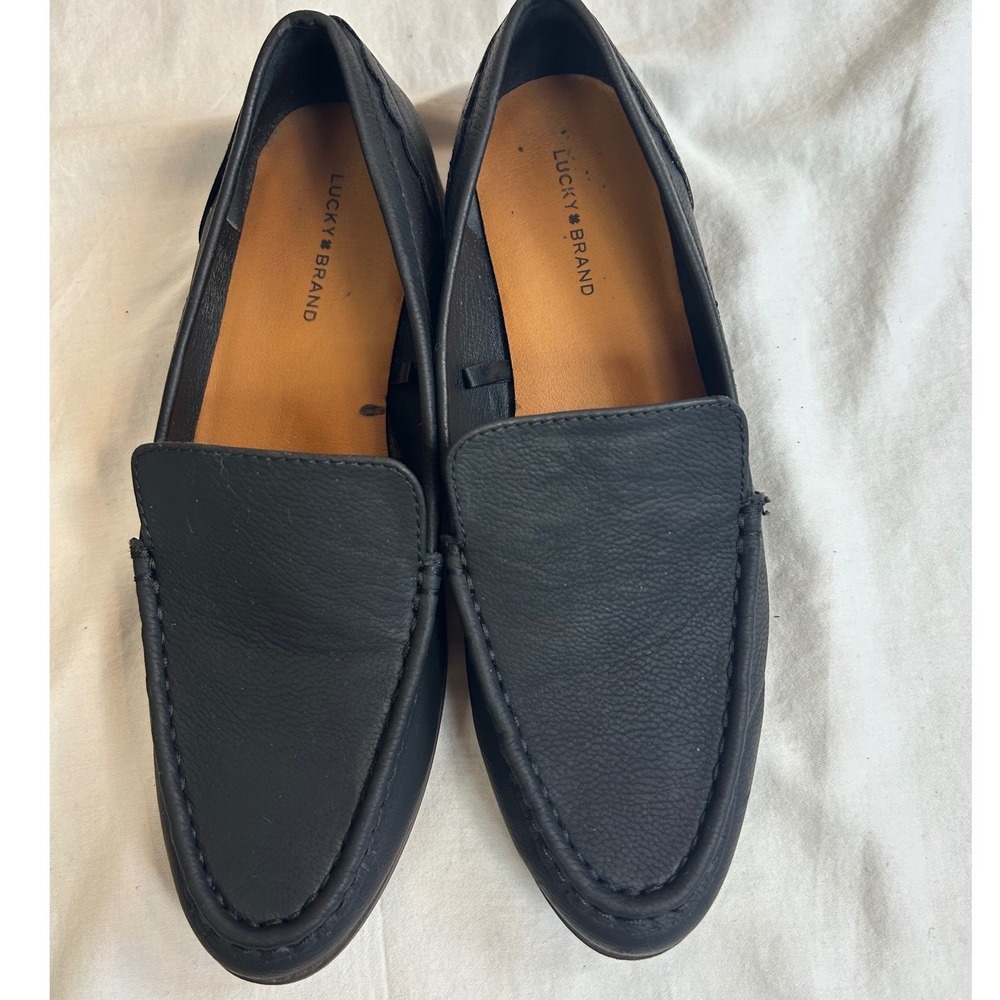 Lucky Brand‎ Black Pebbled Leather Moc Toe Loafers Scalloped Detail Womens 11M